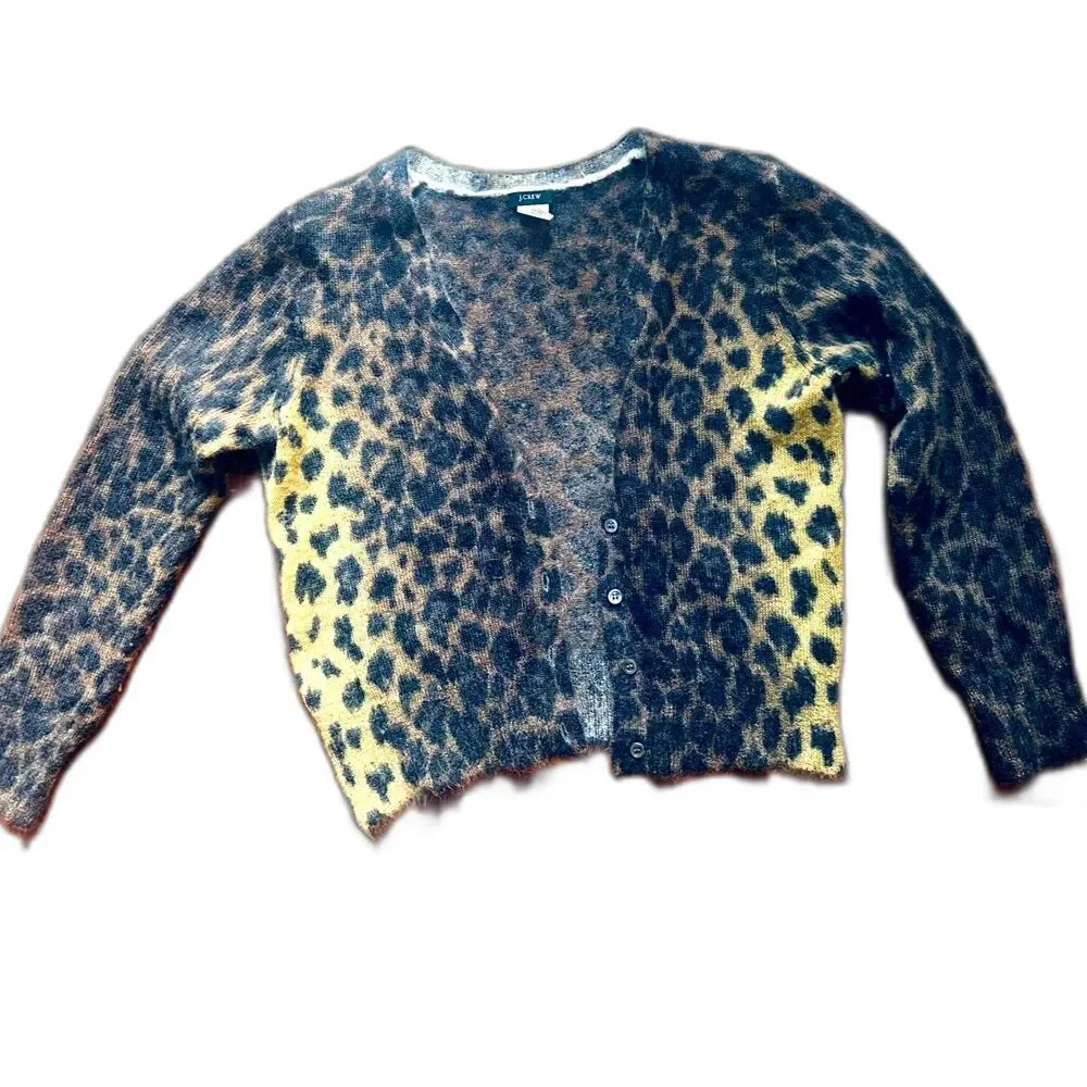 J, Crew Leopard Print Mohair Mob Wife Wool Blend Fuzzy Knit Cardigan Sweater L